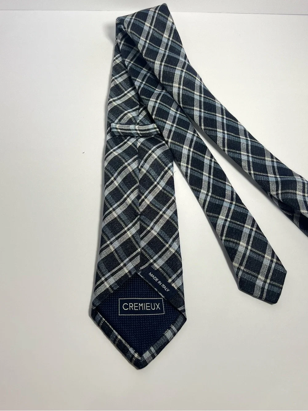 Cremieux Men’s Silk/Linen Plaid Woven Necktie Blue Gray White Italy